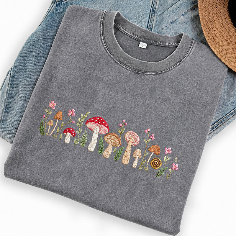 Embroidered Enchanted Mushroom Washed Crew Neck T-Shirt