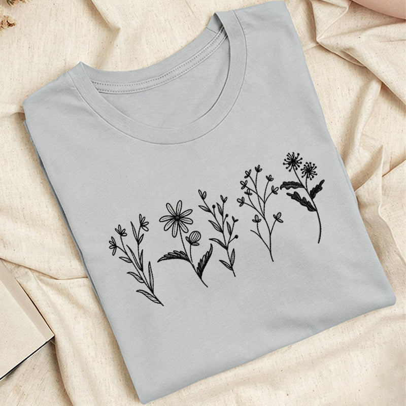 Embroidered Flower Lines Classic Adult Unisex Crew Neck T-Shirt