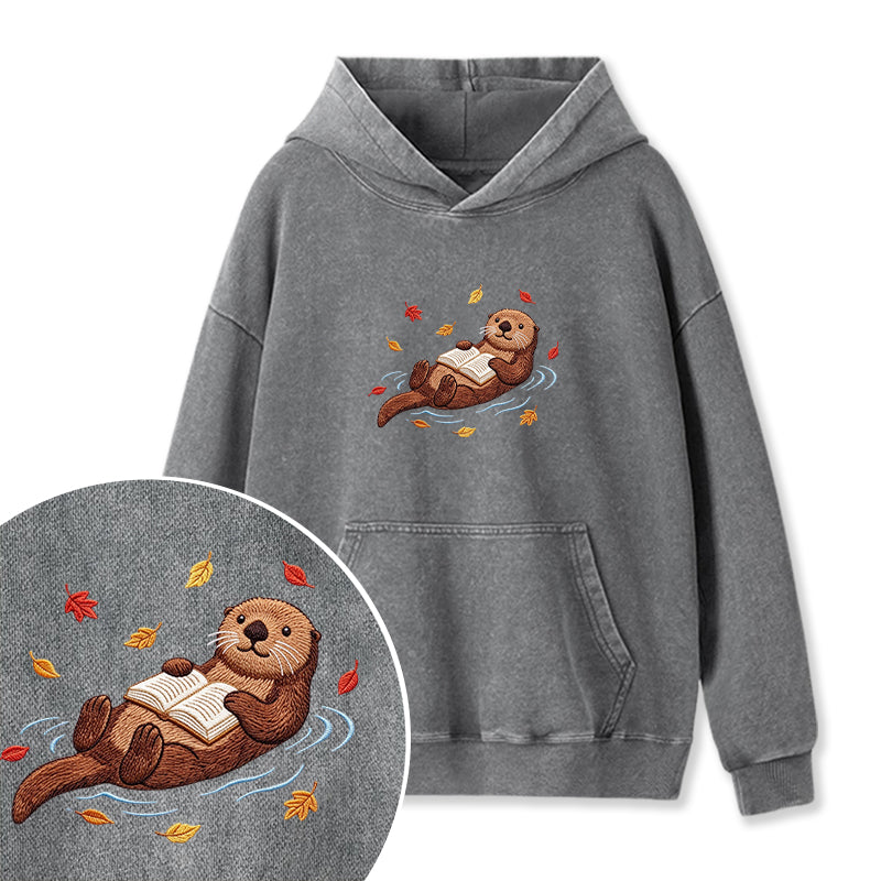 Embroidered Otter Reading Book Washed Hoodie