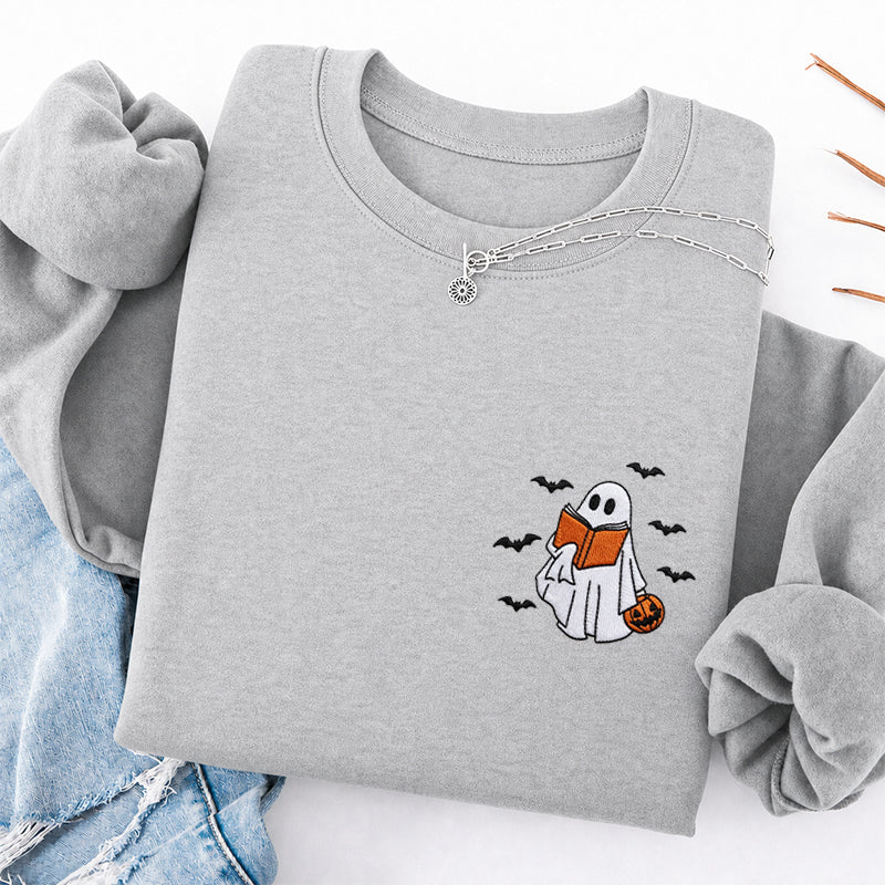 Embroidered Halloween Reading Ghost Classic Crewneck Sweatshirt