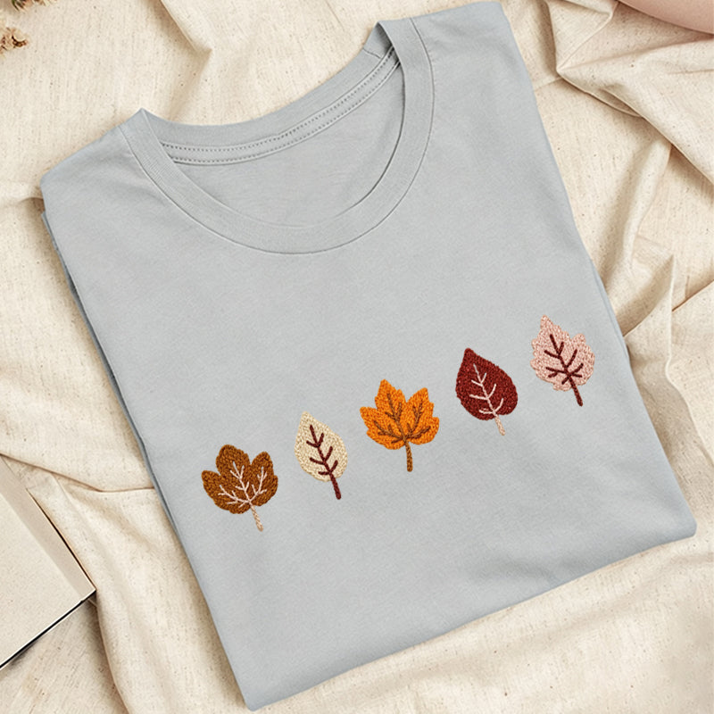Embroidered Fall Leaves Classic Adult Unisex Crew Neck T-Shirt