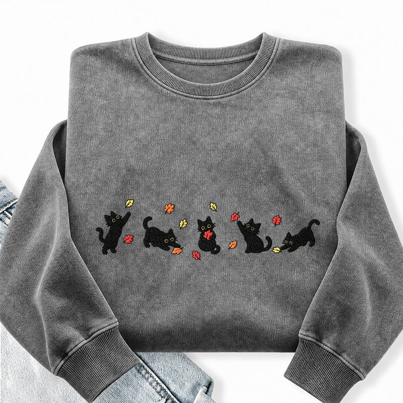 Embroidered Autumn Leaves Black Cats Washed Crewneck Sweatshirt