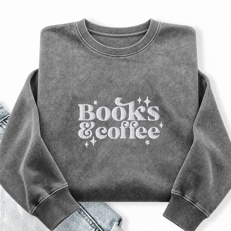Embroidered Books & Coffee Washed Crewneck Sweatshirt
