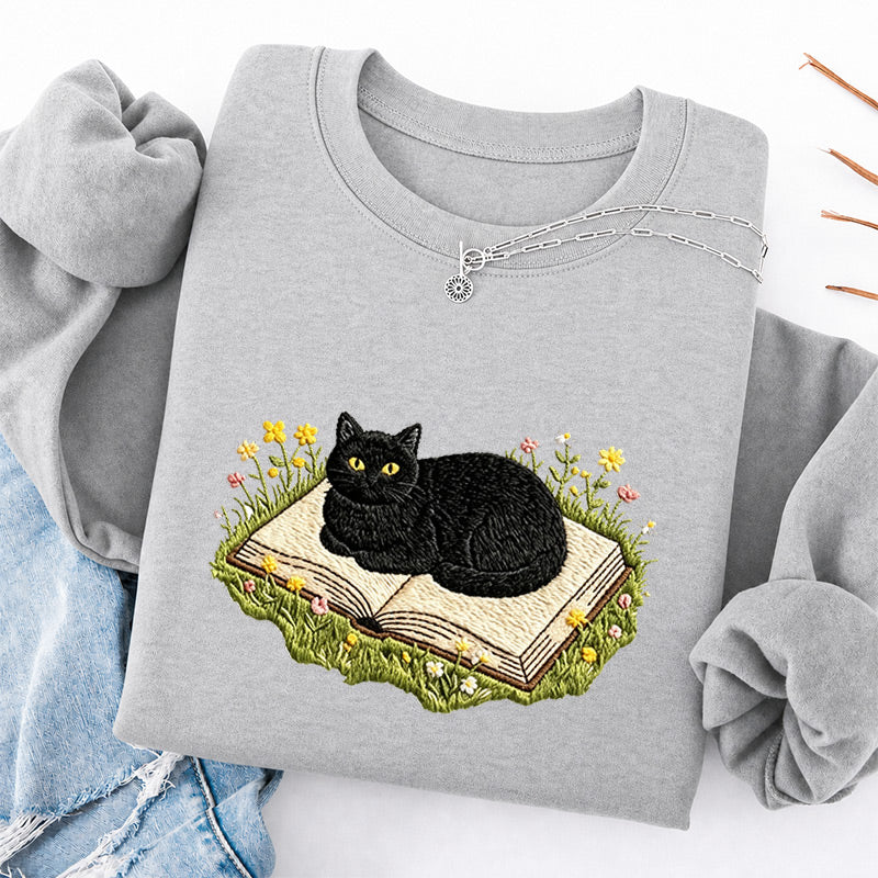 Embroidered Black Cat Book Classic Crewneck Sweatshirt