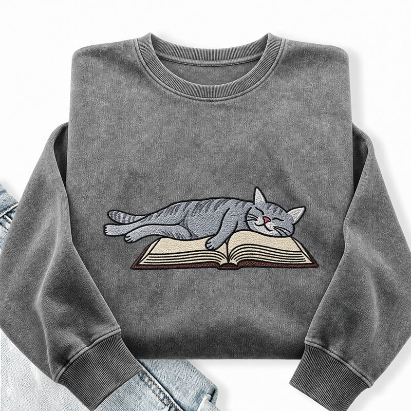 Embroidered Cat Sleeping On Book Washed Crewneck Sweatshirt