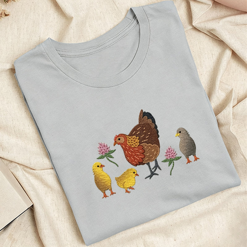 Embroidered Hen & Chicks Classic Adult Unisex Crew Neck T-Shirt