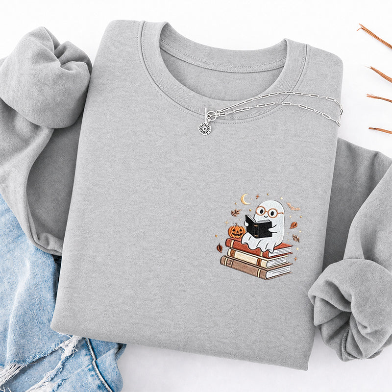 Embroidered Ghost Reading Books Classic Crewneck Sweatshirt