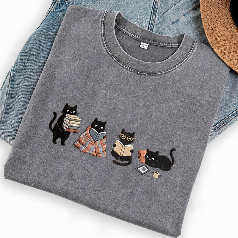 Embroidered Bookish Black Cats Washed Crew Neck T-Shirt