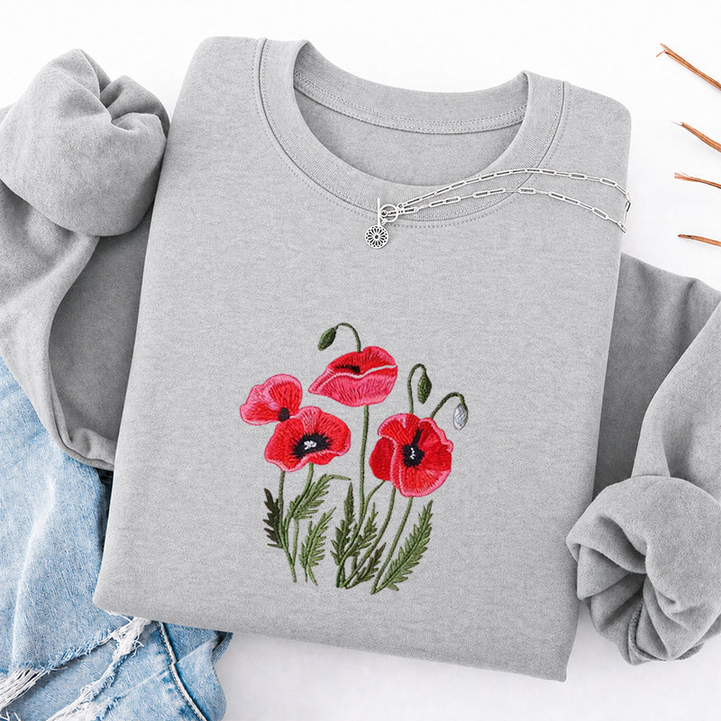 Embroidered Poppy Flower Classic Crewneck Sweatshirt