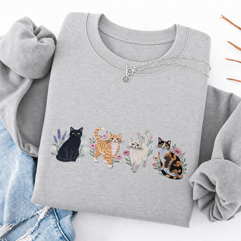 Embroidered Cats And Flowers Classic Crewneck Sweatshirt