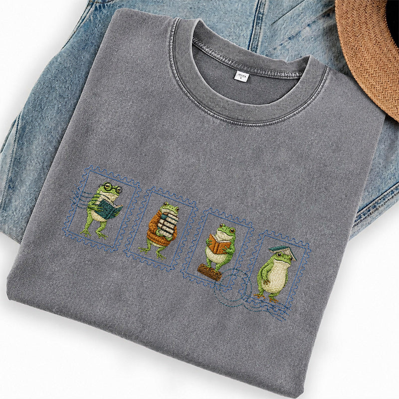 Embroidered Bookish Frog Stamp Washed Crew Neck T-Shirt