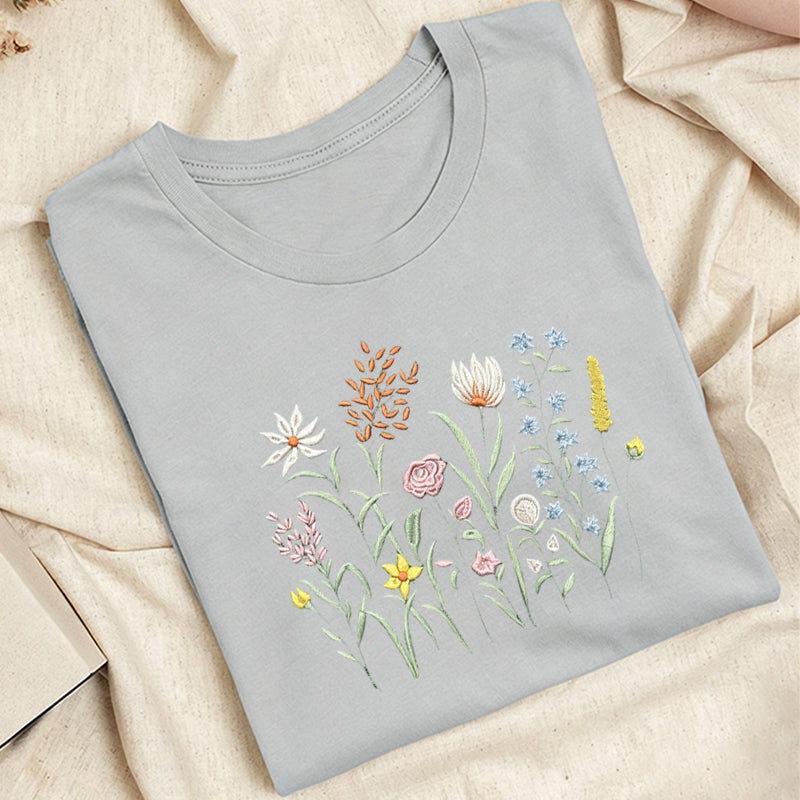 Embroidered Cute Wildflowers Classic Adult Unisex Crew Neck T-Shirt