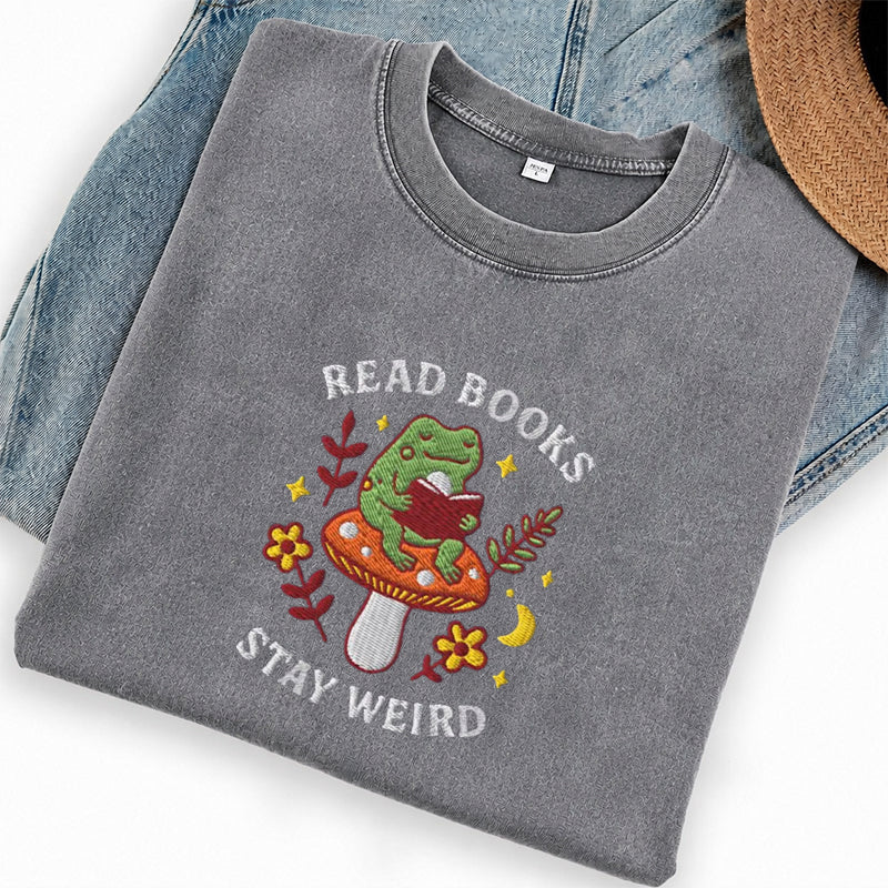Embroidered Read Books Stay Weird Reading Frog Washed Crew Neck T-Shirt