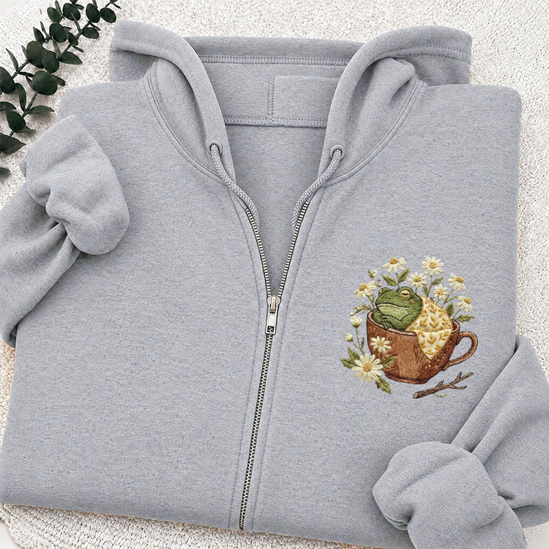 Embroidered Frog in Teacup Classic Adult Unisex Full Zip Hoodie