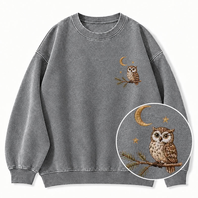 Embroidered Night Owl Washed Crewneck Sweatshirt