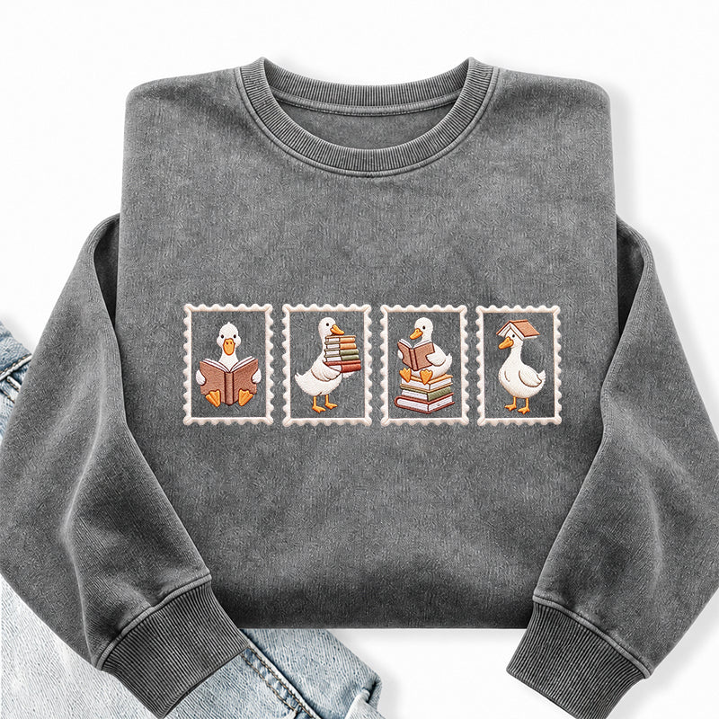 Embroidered Goose Reading Stamp Washed Crewneck Sweatshirt