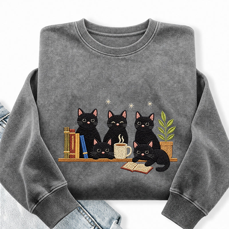 Embroidered Black Cat On Bookshelf Washed Crewneck Sweatshirt