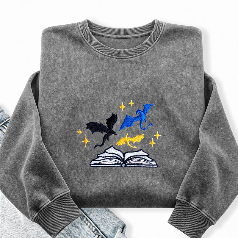 Embroidered Book And Dragons Washed Crewneck Sweatshirt