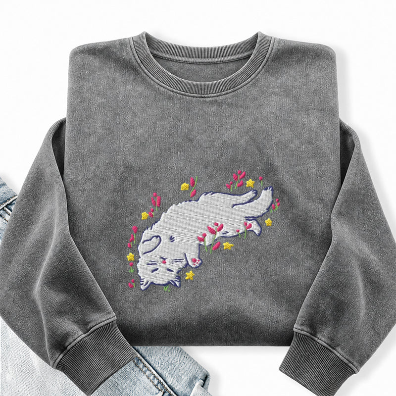 Embroidered Floral Playing Cat Washed Crewneck Sweatshirt