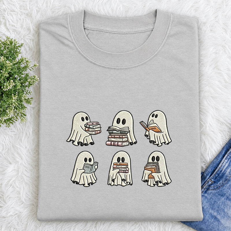 Embroidered Halloween Ghost Book Classic Crew Neck T-Shirt