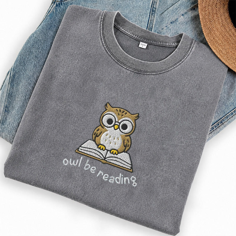 Embroidered Owl Be Reading Washed Crew Neck T-Shirt