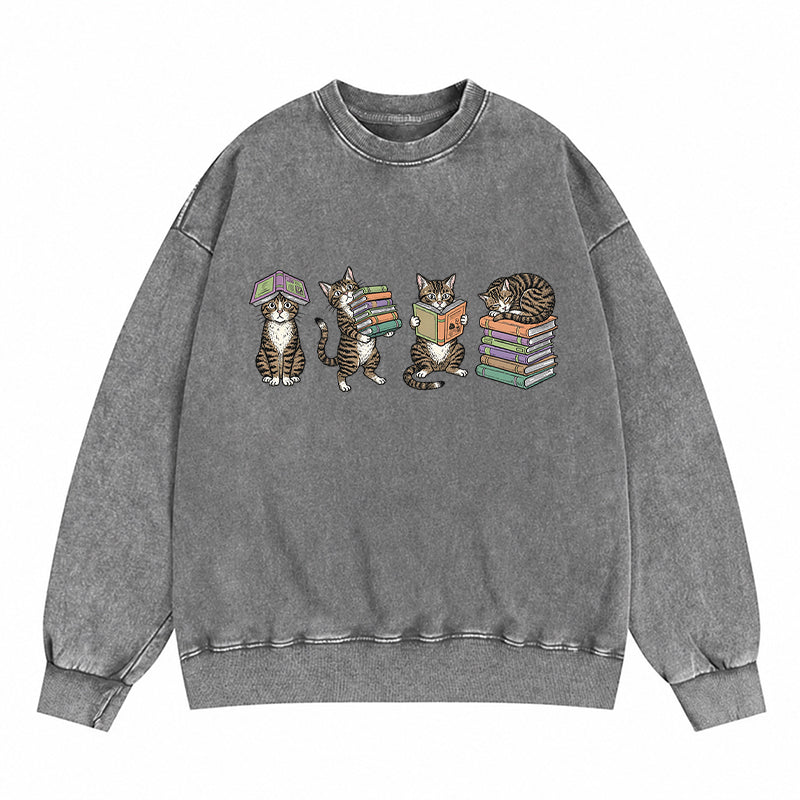Cats Reading Books Washed Crewneck Sweatshirt