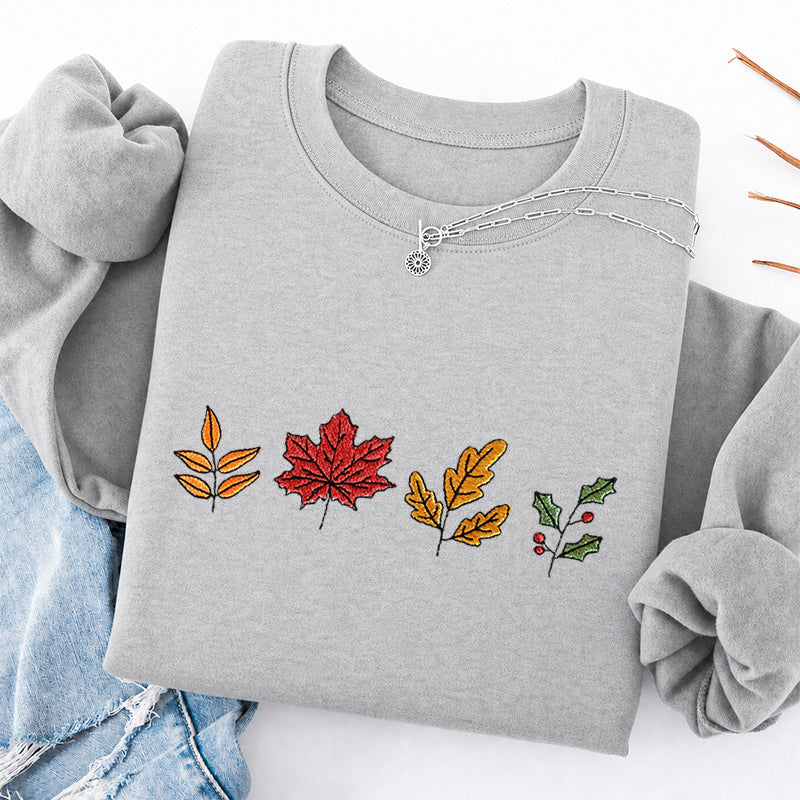 Embroidered Colorful Fall Leaves Classic Crewneck Sweatshirt