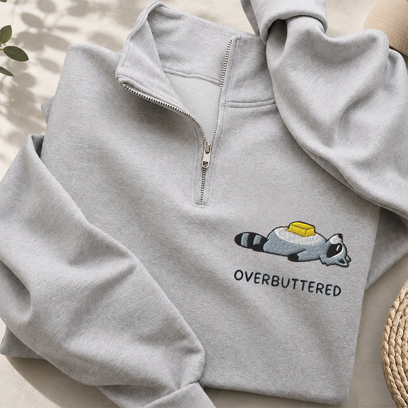 Embroidered Overbuttered Raccoon Classic Quarter Zip Sweatshirt