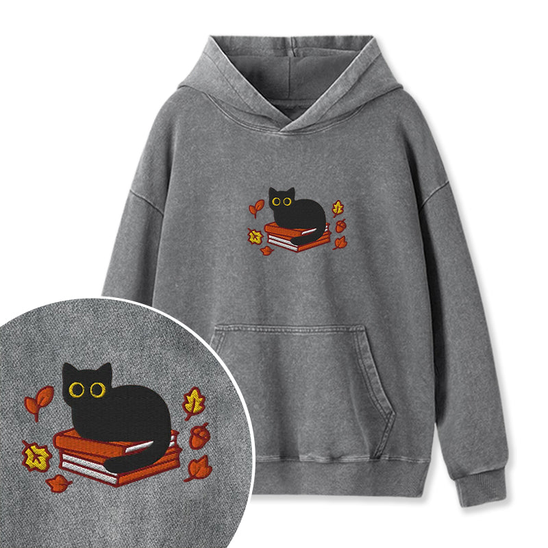 Embroidered Autumn Black Cat Book Washed Hoodie