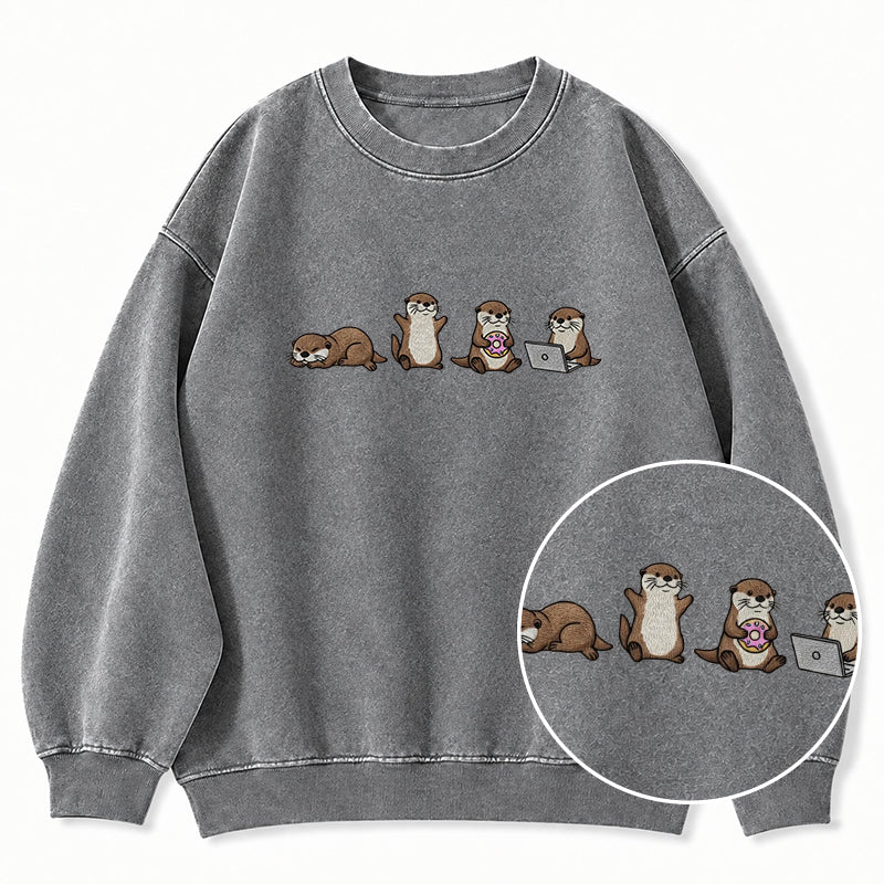 Embroidered Sea Otters Washed Crewneck Sweatshirt
