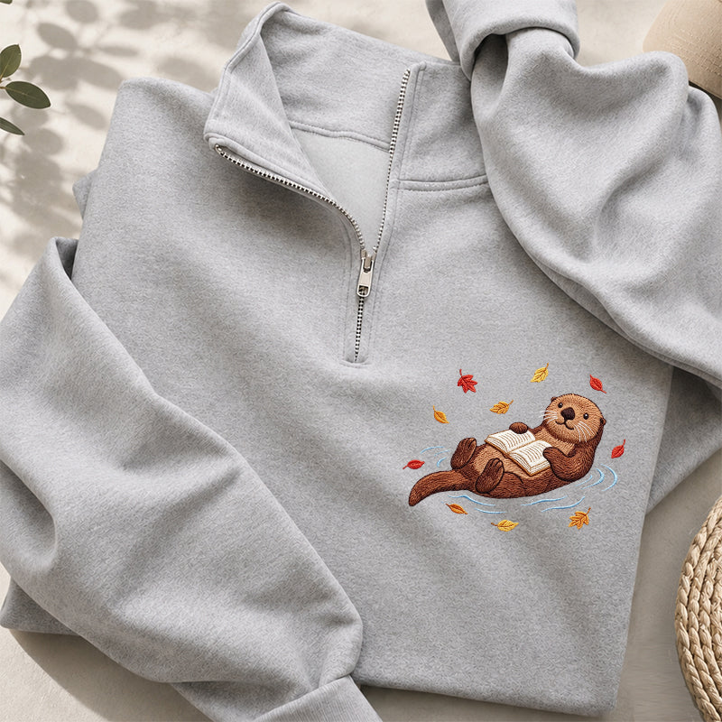 Embroidered Otter Reading Book Classic Quarter Zip Sweatshirt