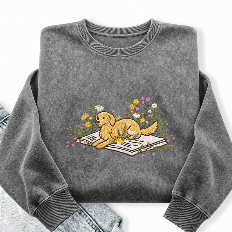Embroidered Dog Lying On Book Washed Crewneck Sweatshirt