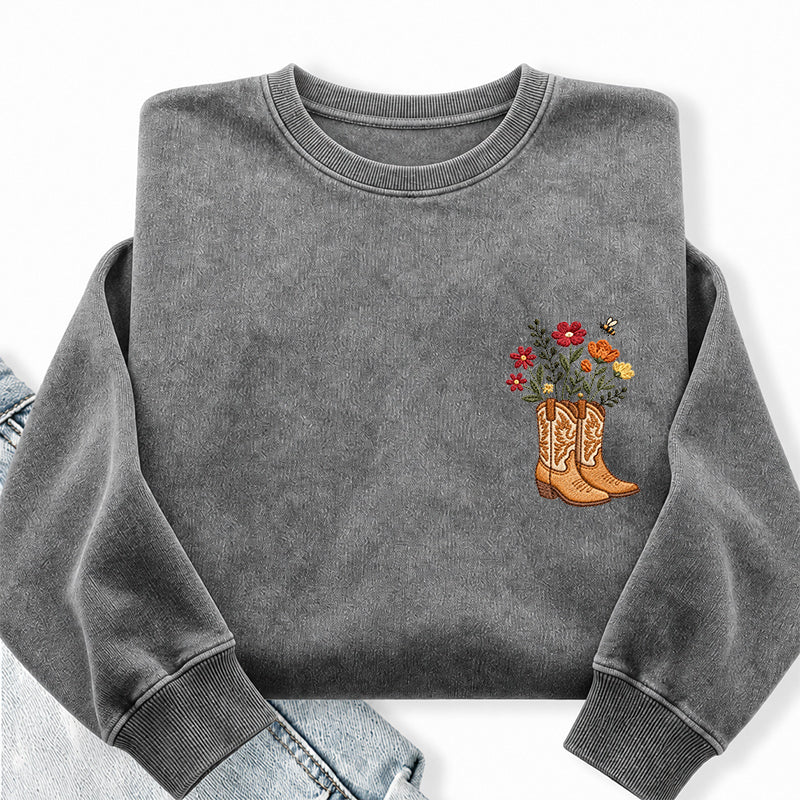 Embroidered Flower Cowboy Boots Washed Crewneck Sweatshirt