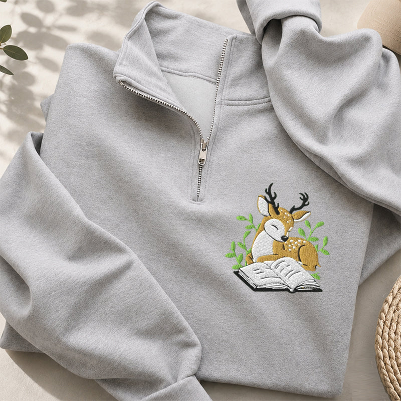Embroidered Deer Book Classic Quarter Zip Sweatshirt