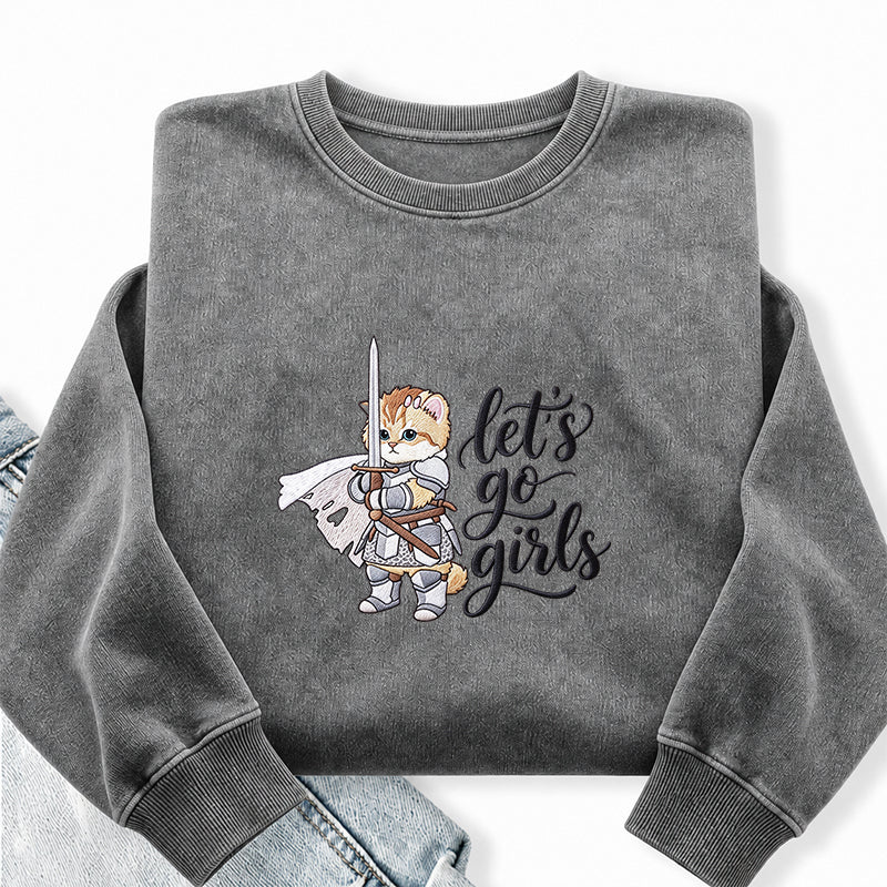 Embroidered Let's Go Girls Knight Cat Washed Crewneck Sweatshirt