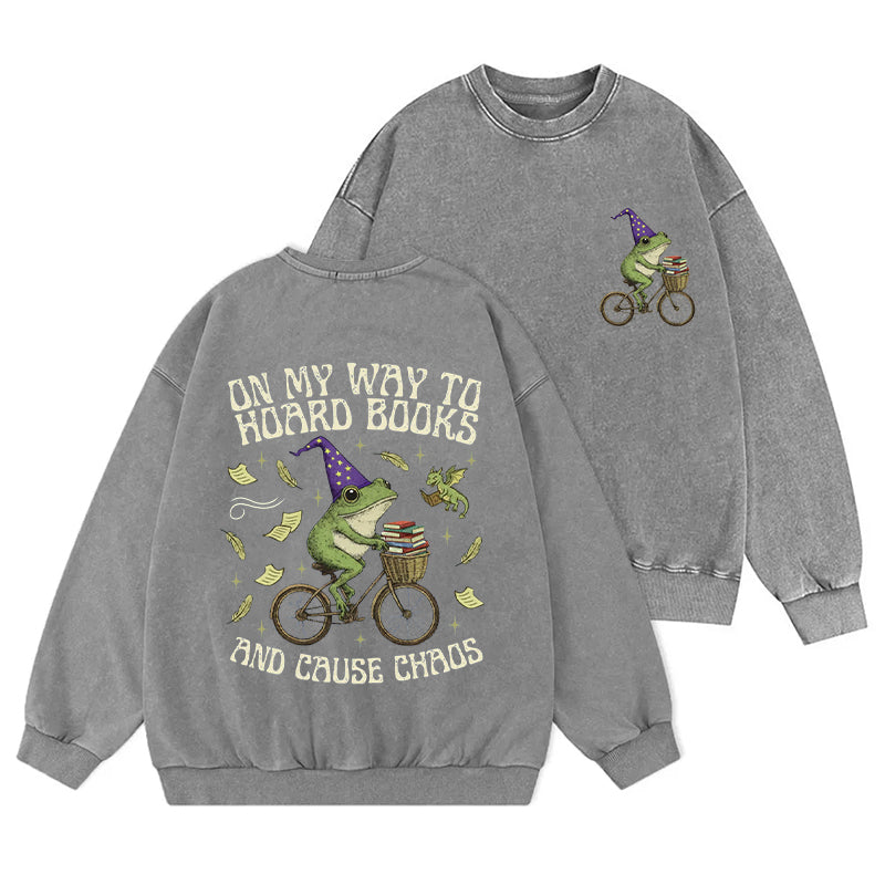 Off To Hoard Books Bookish Frog Washed Crewneck Sweatshirt