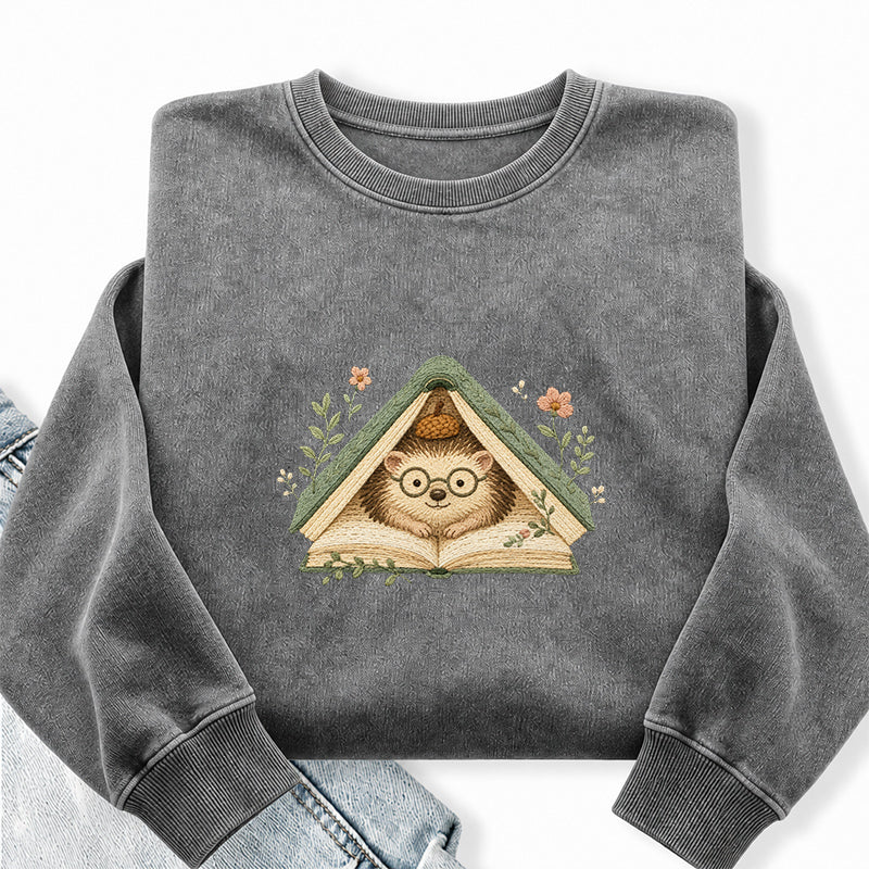 Embroidered Reading Hedgehog Washed Crewneck Sweatshirt