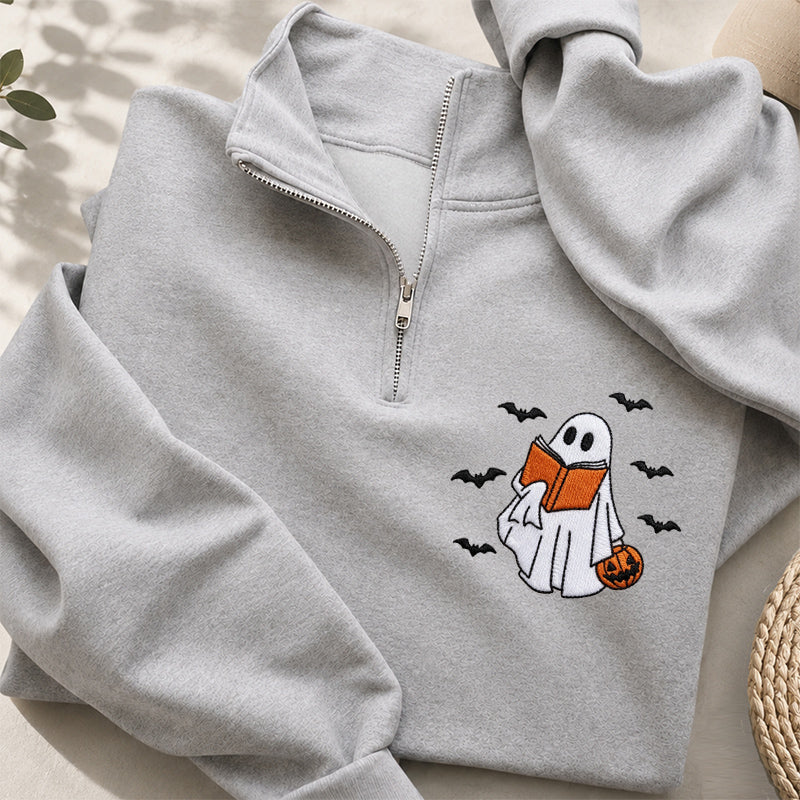 Embroidered Halloween Reading Ghost Classic Quarter Zip Sweatshirt