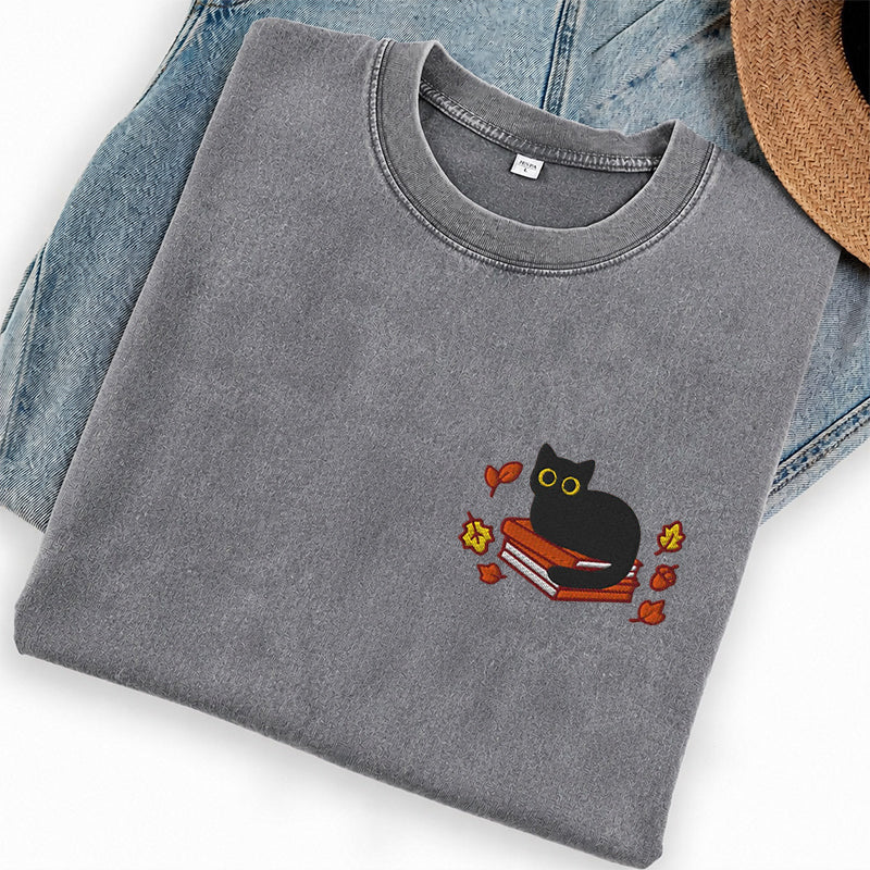 Embroidered Autumn Black Cat Book Washed Crew Neck T-Shirt