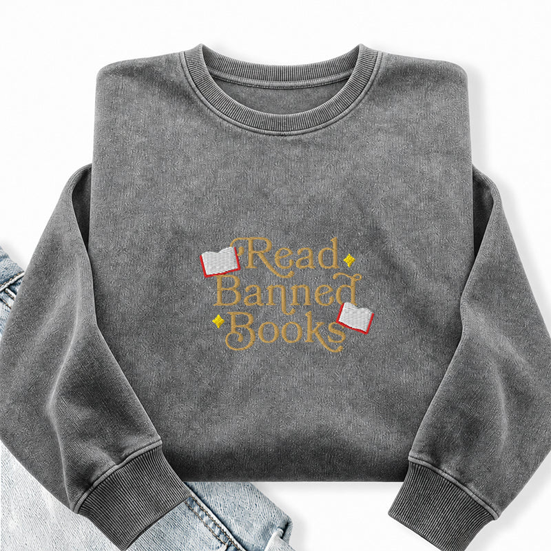 Embroidered Read Banned Books Washed Crewneck Sweatshirt