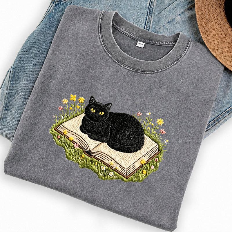 Embroidered Black Cat Book Washed Crew Neck T-Shirt