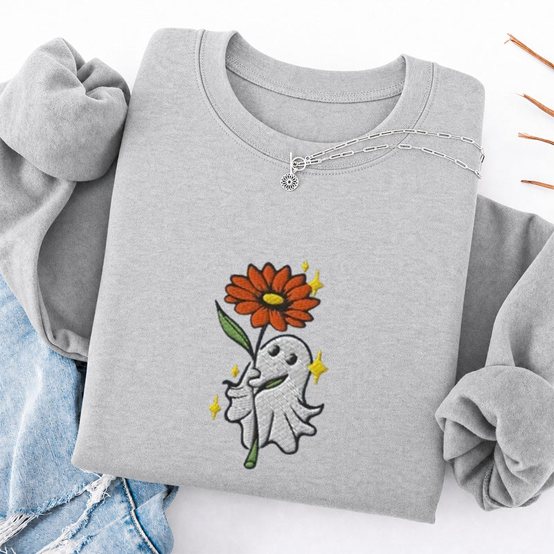 Embroidered Ghost Holding a Flower Classic Crewneck Sweatshirt