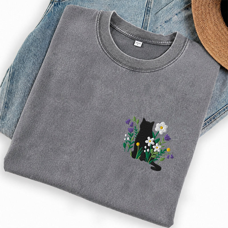 Embroidered Black Cat Cottagecore Washed Crew Neck T-Shirt