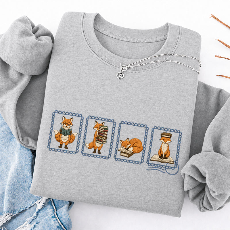 Embroidered Bookish Fox Stamp Classic Crewneck Sweatshirt