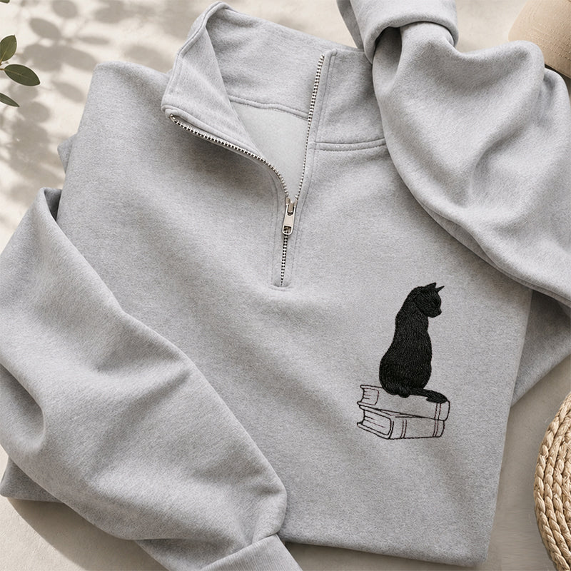 Embroidered Black Cat On Books Classic Quarter Zip Sweatshirt
