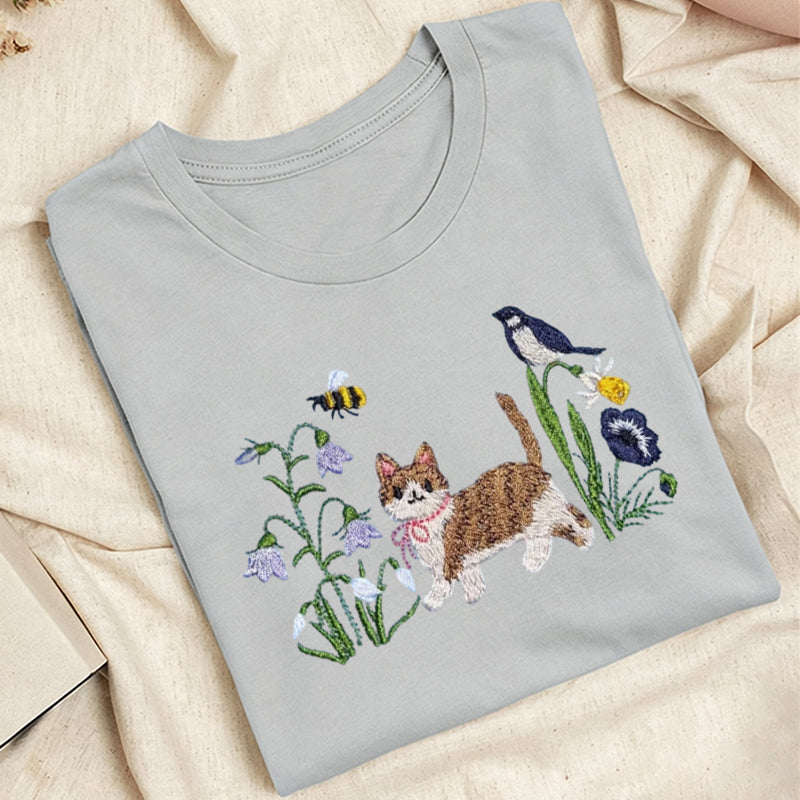 Embroidered Cat Wildflower Classic Adult Unisex Crew Neck T-Shirt
