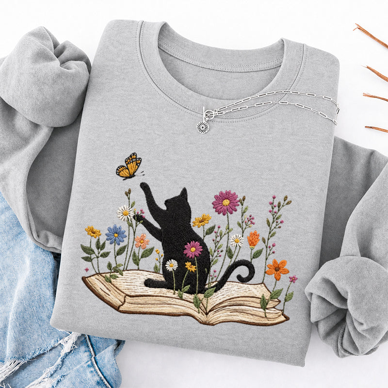 Embroidered Floral Book Cat Classic Crewneck Sweatshirt