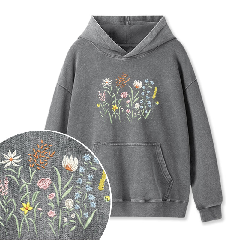 Embroidered Cute Wildflowers Washed Hoodie