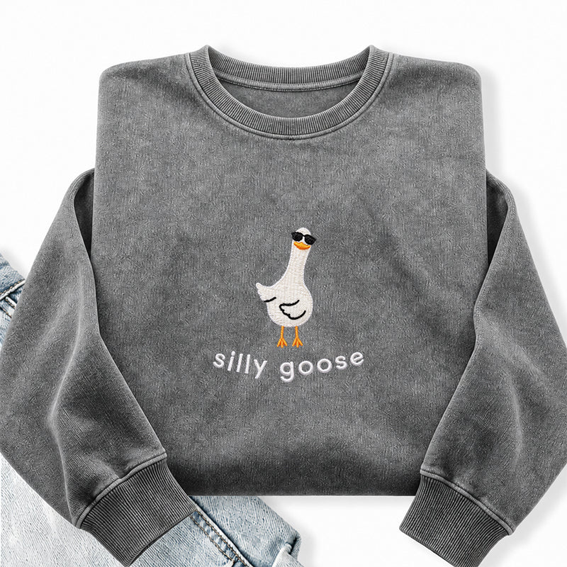 Embroidered Funny Silly Goose Washed Crewneck Sweatshirt