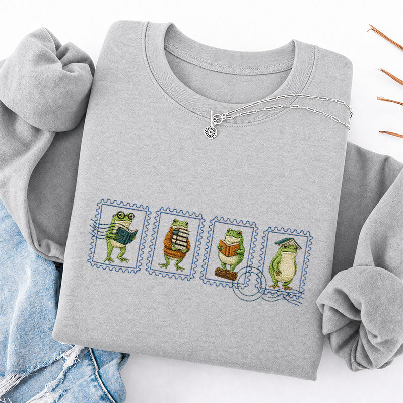 Embroidered Bookish Frog Stamp Classic Crewneck Sweatshirt